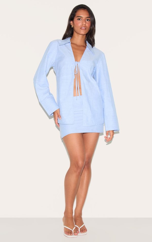 Sky Blue Striped Cotton Micro Mini Skirt