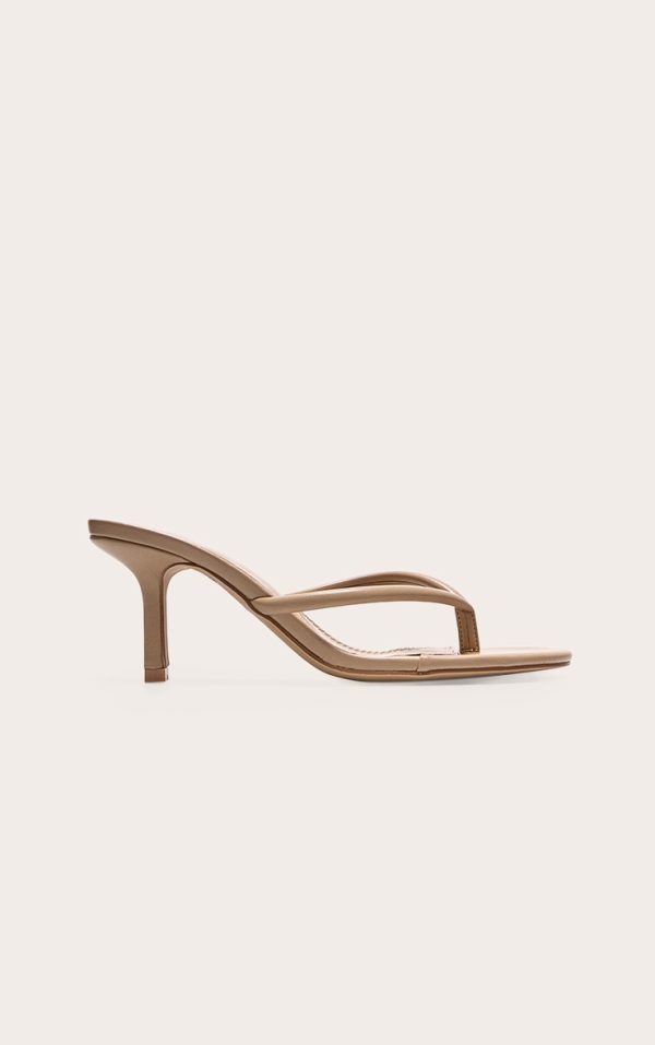 Camel PU Round Toe Thong Mid Heeled Mules