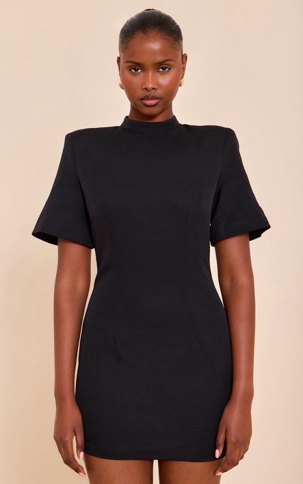 Black Woven Cinched Backless Mini Dress