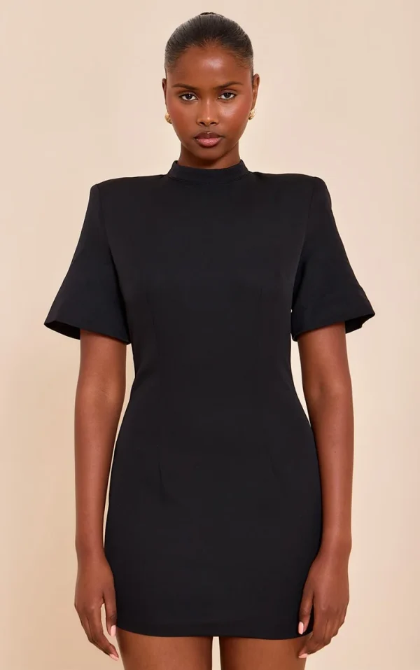 Black Woven Cinched Backless Mini Dress