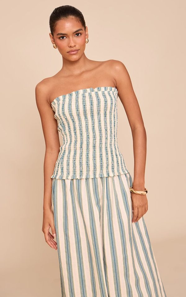Green Pinstripe Linen Look Shirred Bandeau Top