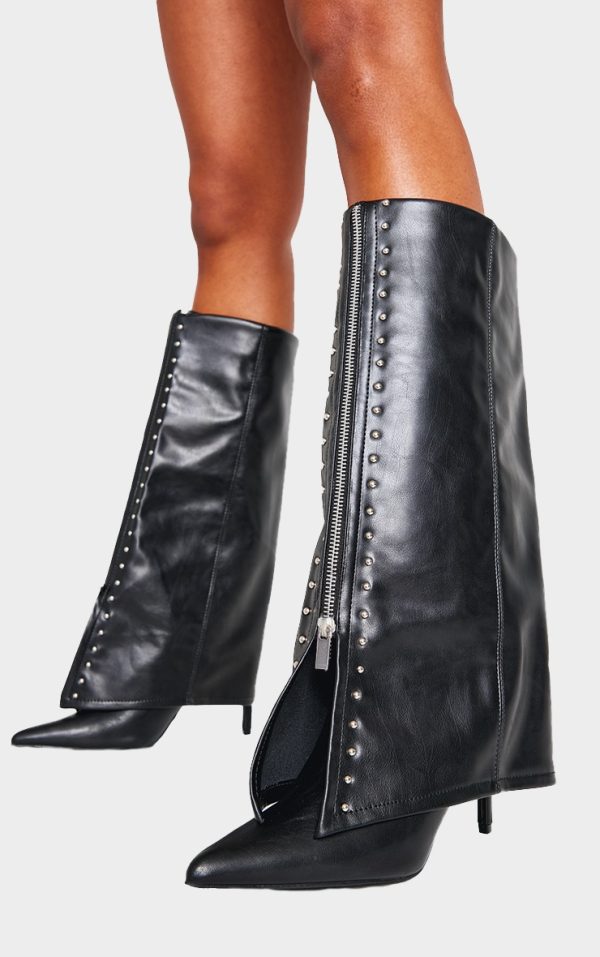 Black PU Point Toe Silver Stud Fold Over High Stiletto Heeled Boots