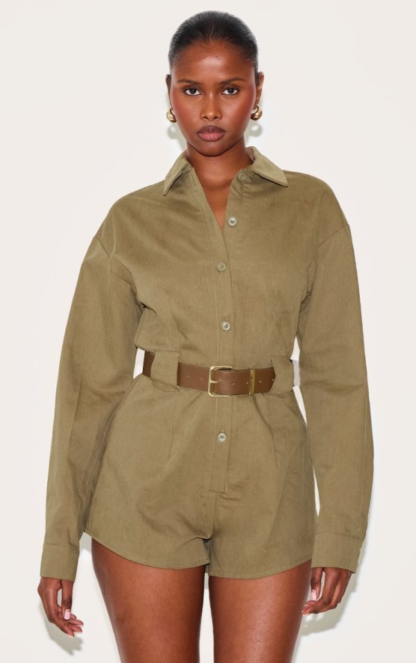 Mushroom Woven Utility Belted Romper