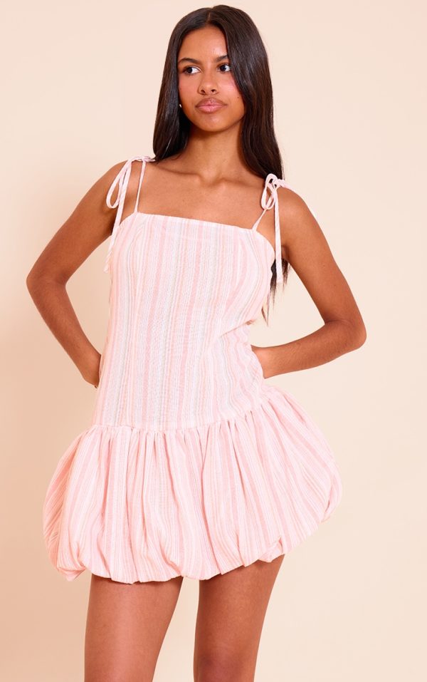 Petite Pink Puff Ball Tie Strap Mini Dress