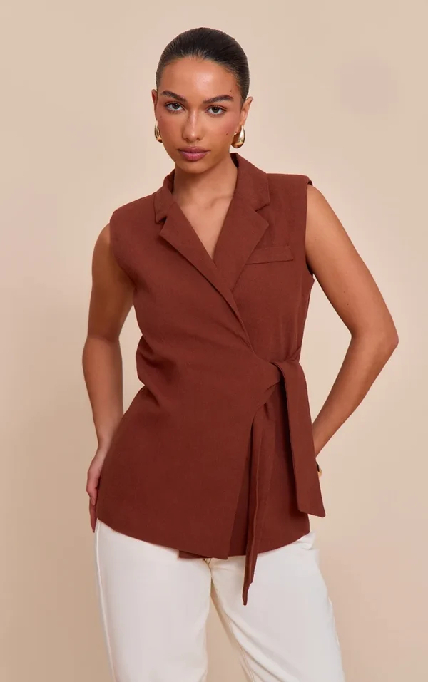 Rust Linen Look Tie Waist Vest