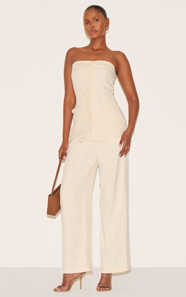 Premium Cream Tailored Woven High Waist Wide Leg Pants