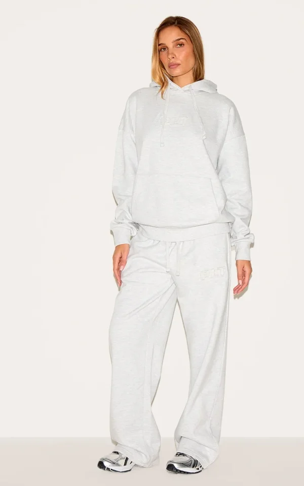 PRETTYLITTLETHING Ash Grey Premium Embossed Wide Leg Sweatpants