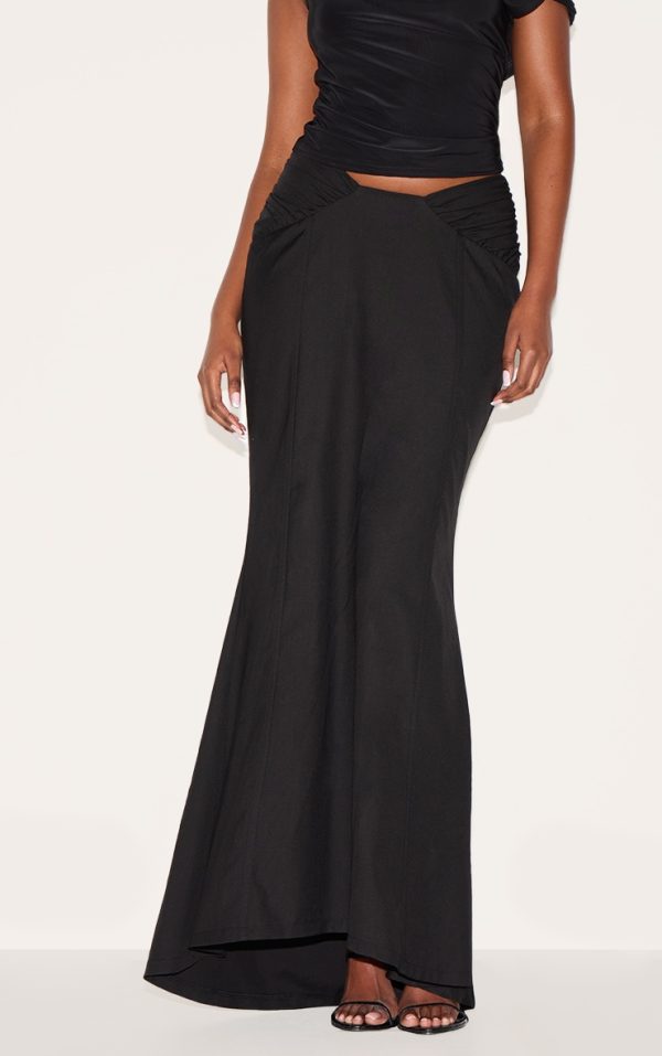 Black Woven Ruched Waist Detail Maxi Skirt