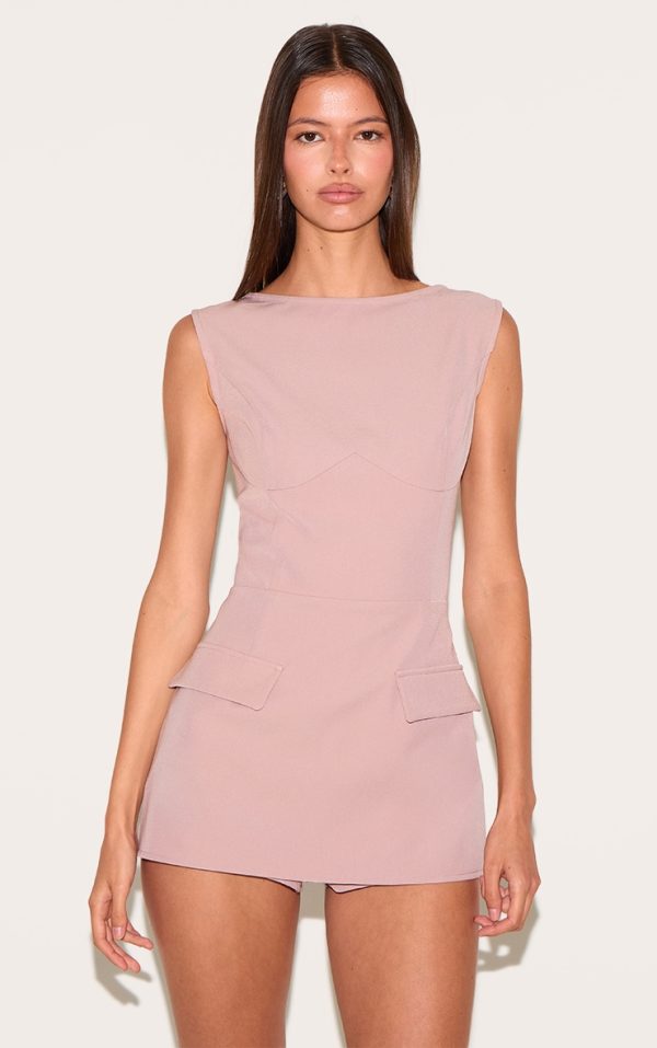 Mushroom Woven Pocket Detail Sleeveless Skort Romper