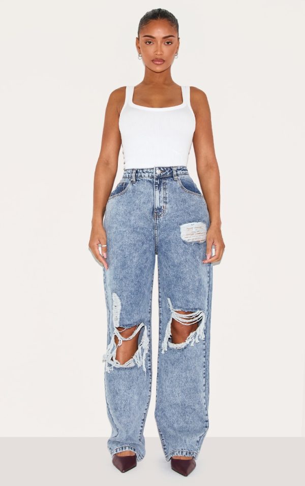 PRETTYLITTLETHING Shape Vintage Wash Extreme Rip Wide Leg Jeans