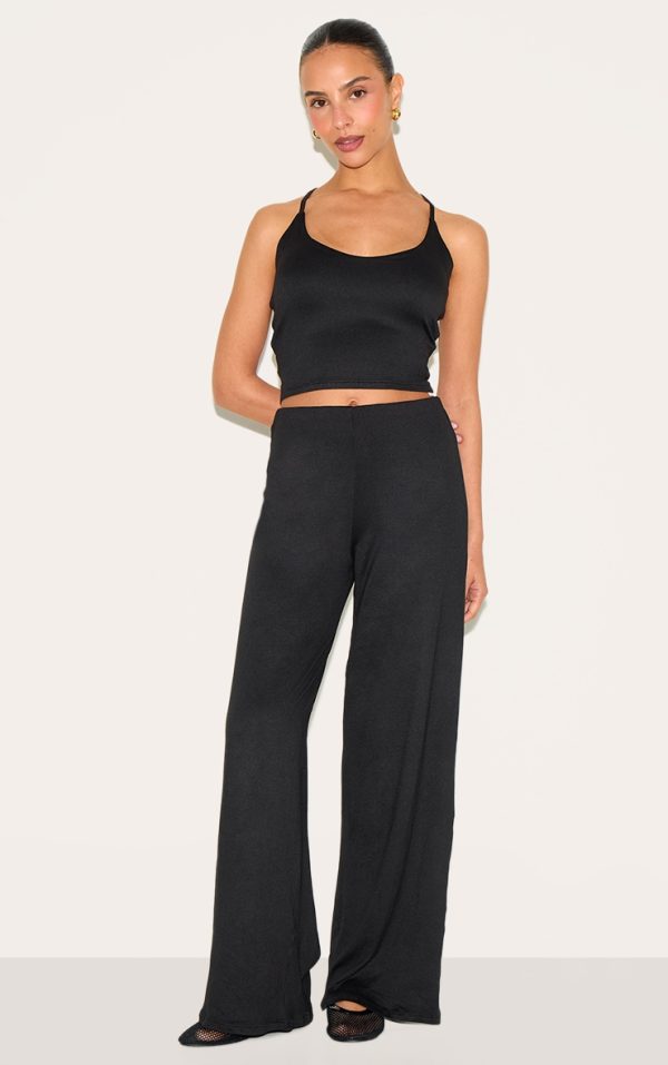 Petite Black Elasticated Waistband Wide Leg Pants