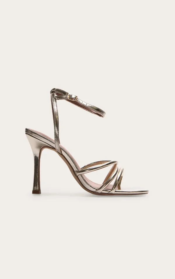 Gold Wide Fit Pu Square Toe Tube Cross Strap High Stiletto Heeled
