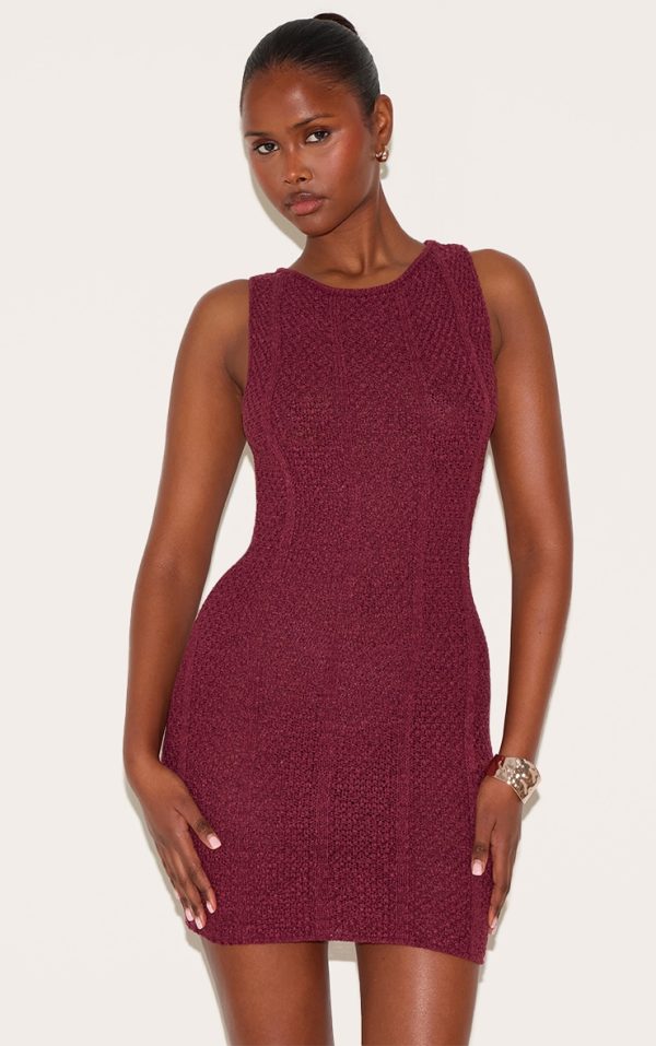 Wine Textured Filigree Knit Boat Neck Mini Dress
