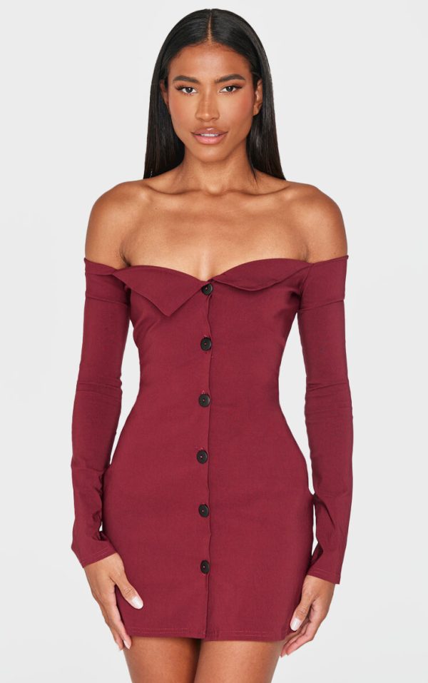 Wine Button Detail Bardot Bodycon Dress