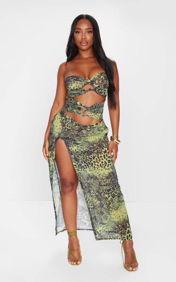 Shape Green Chiffon Leopard Printed Bandeau Cut Out Split Maxi Dress