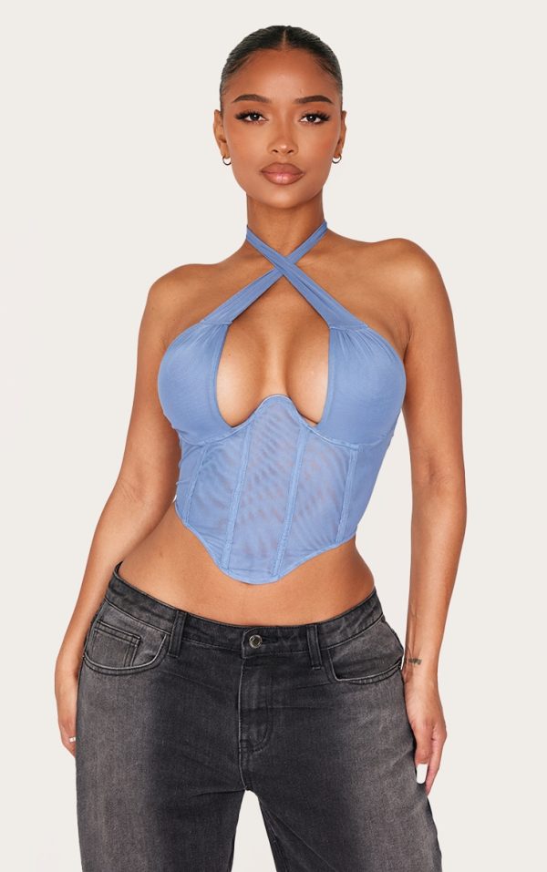 Shape Powder Blue Double Layered Mesh Tie Neck Corset Top