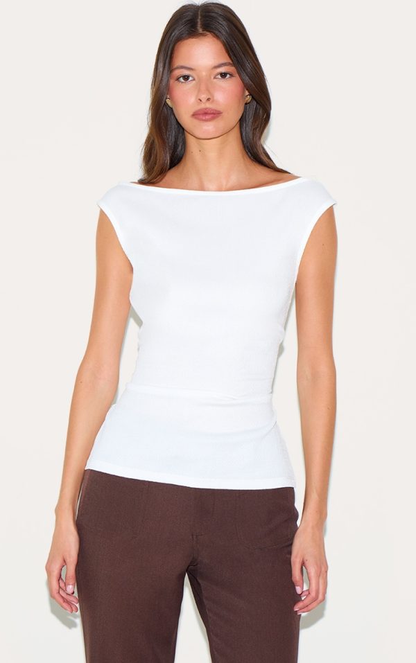 Cream Textured Rib Bardot Long Top