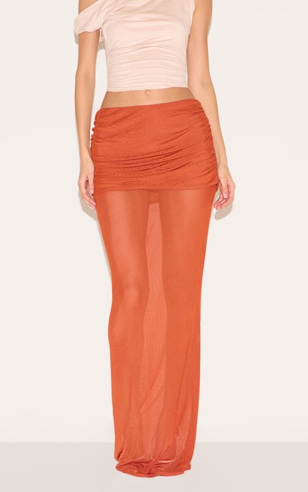 Burnt Orange Mesh Overlay Maxi Skirt