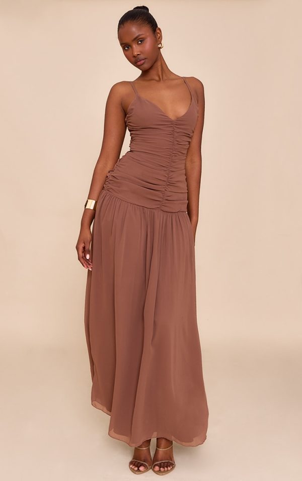 Chocolate Chiffon Ruched Dropped Waist Maxi Dress