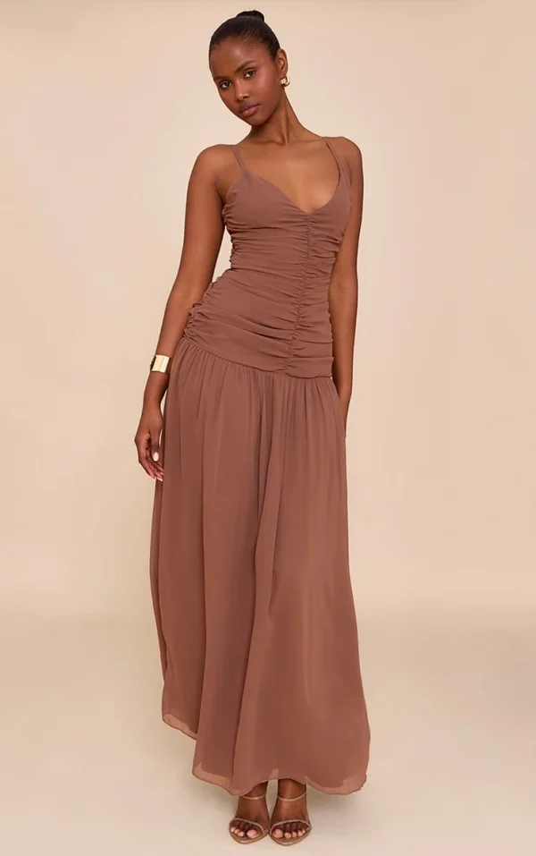 Chocolate Chiffon Ruched Dropped Waist Maxi Dress