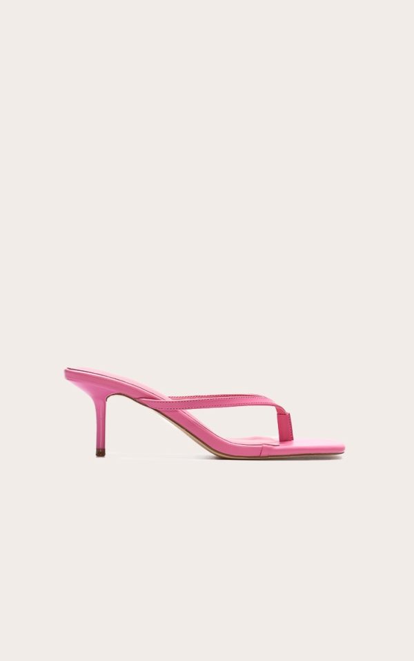 Pink Pu Square Toe Thong Mid Stiletto Heeled Mules