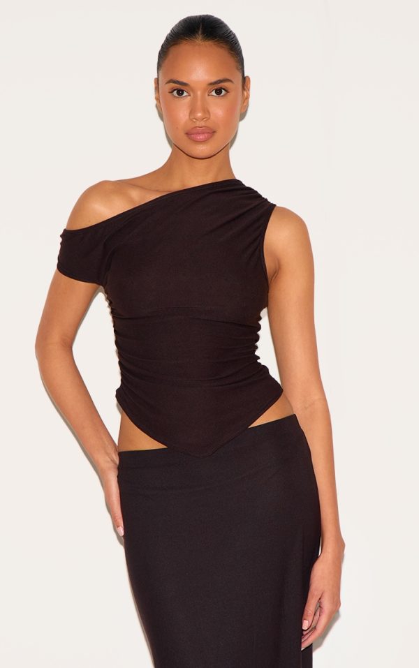 Dark Brown Soft Touch Sleeveless Asymmetric Top