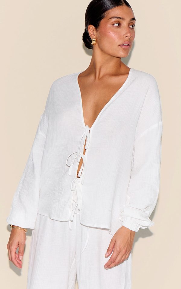 Petite White Cheesecloth Textured Tie Front Shirt