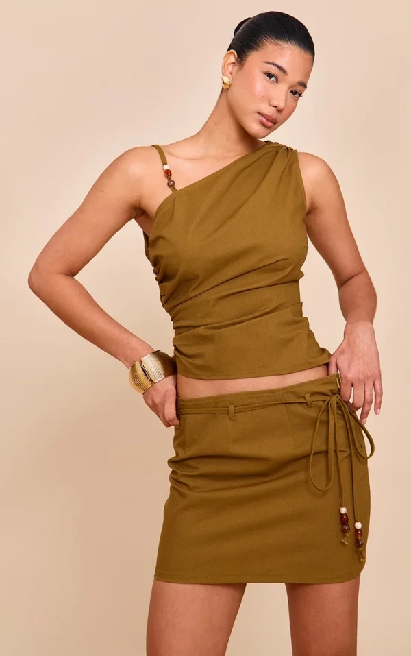 Olive Trim Detail Asymmetric Mini Skirt