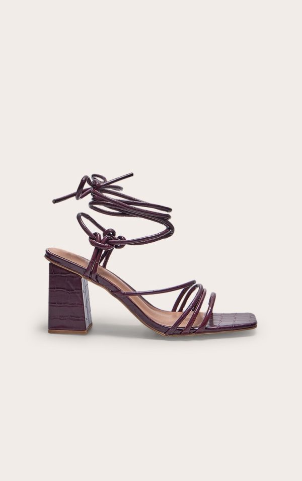 Burgundy Croc PU Square Toe Strappy Low Block Heeled Sandals