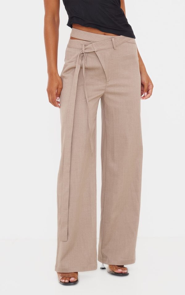 Taupe Premium Crossover Waistband Detail Tailored Pant