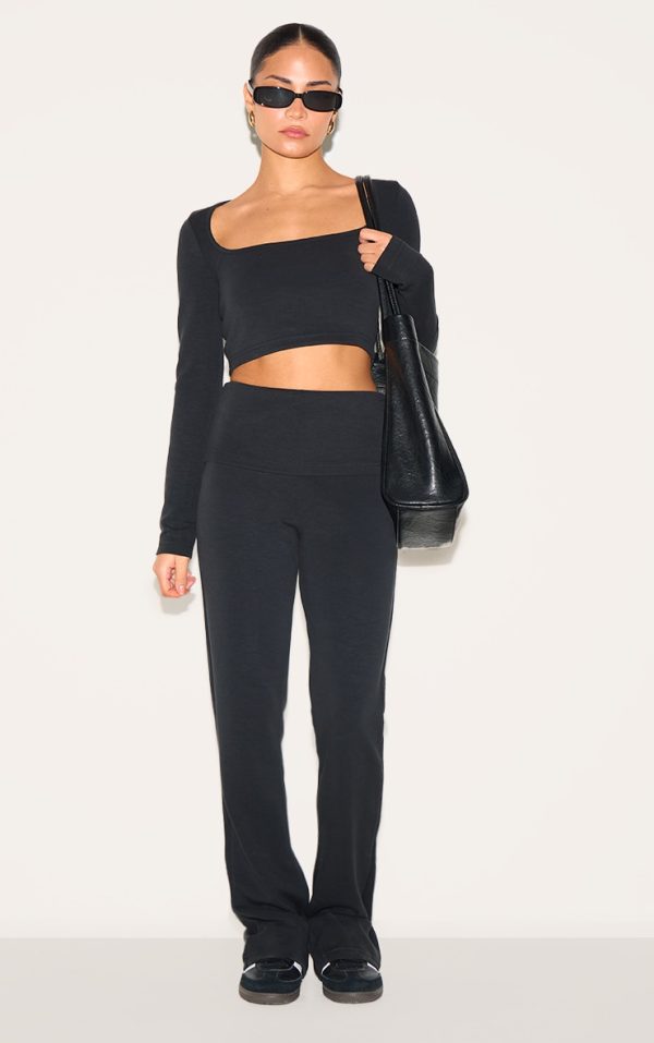 Petite Black Modal Fold Over Flares