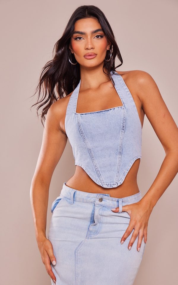 Light Blue Wash Denim Dip Hem Halterneck Top