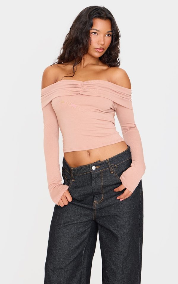 Stone Contour Jersey Ruched Foldover Bardot Crop Top