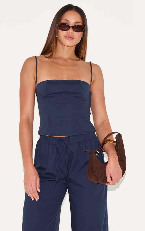 Tall Navy Square Neck Woven Crop Top
