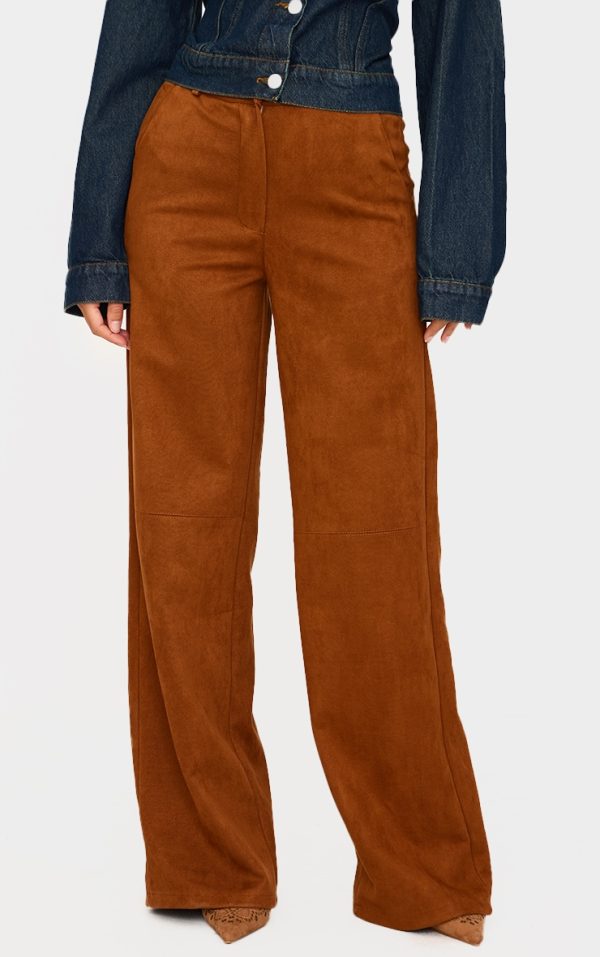 Camel Faux Suede Tailored Straight Leg Pants