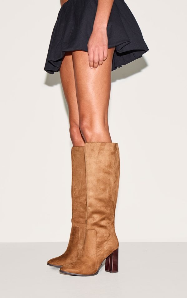 Tan Faux Suede Round Toe High Block Heel Knee High Boots