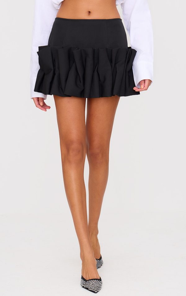 Black Woven Puffball Hem Mini Skirt