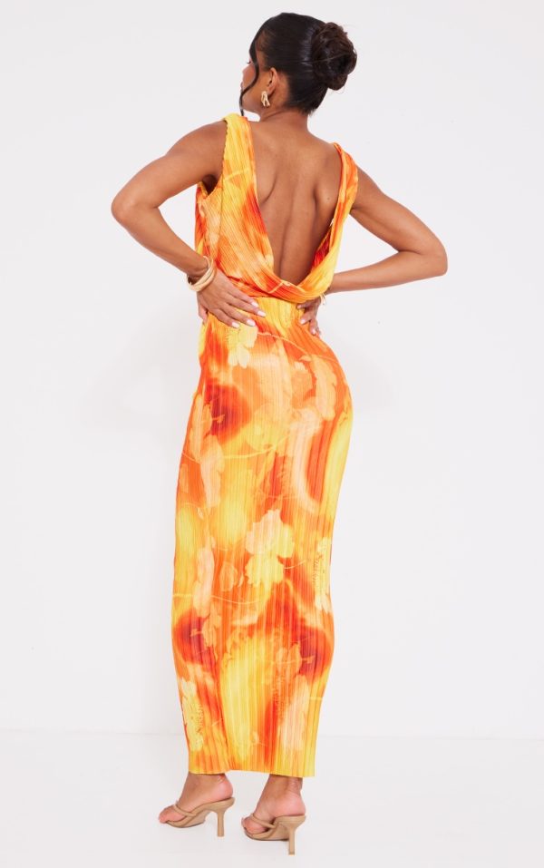 Orange Floral Print Plisse Cut Out Halterneck Maxi Dress