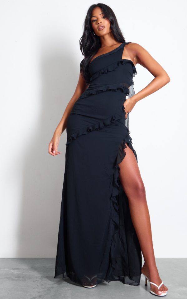 Tall Black Ruffle Asymmetric One Shoulder Maxi Dress
