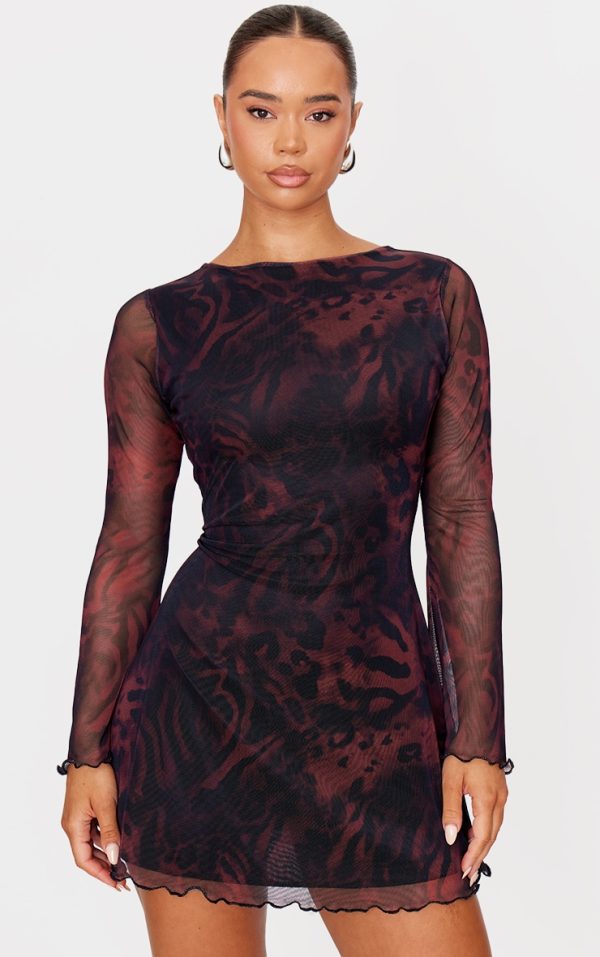 Burgundy Mesh Long Sleeve Tie Back Shift Dress