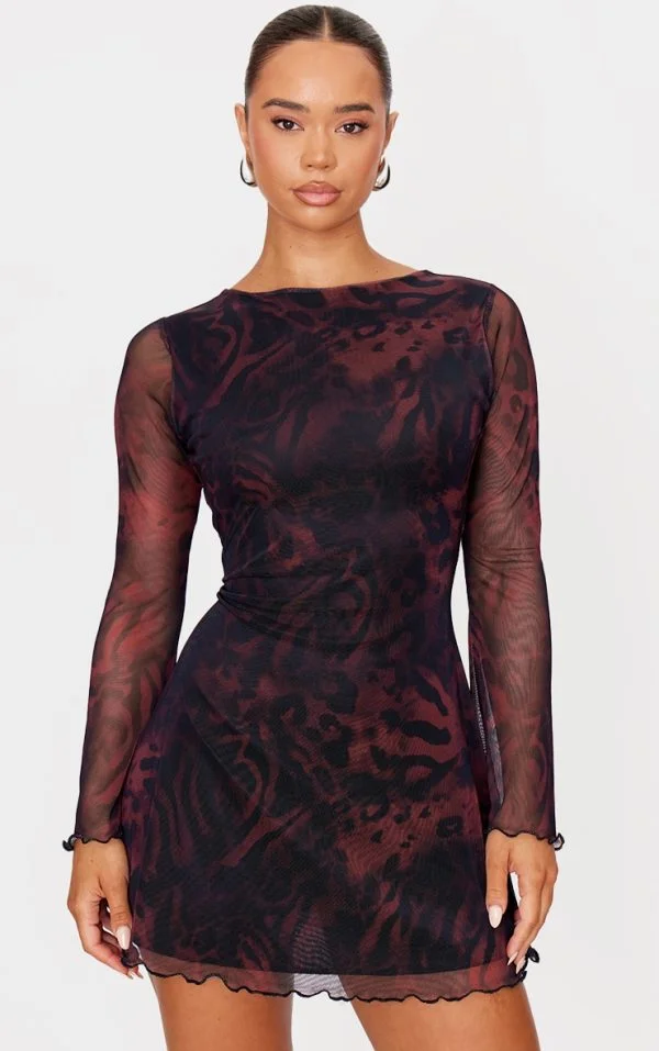 Burgundy Mesh Long Sleeve Tie Back Shift Dress