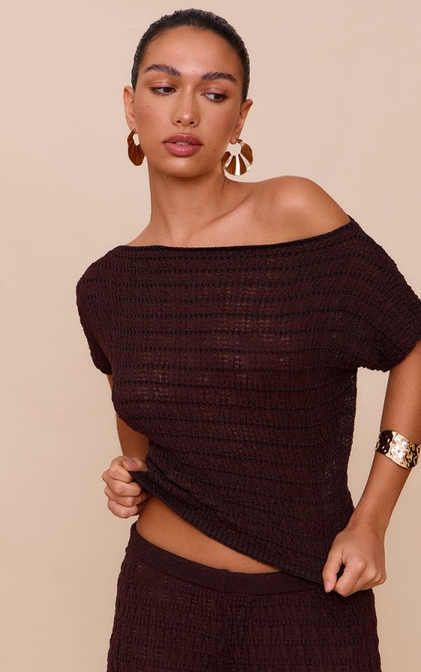 Chocolate Textured Knit Off The Shoulder Top