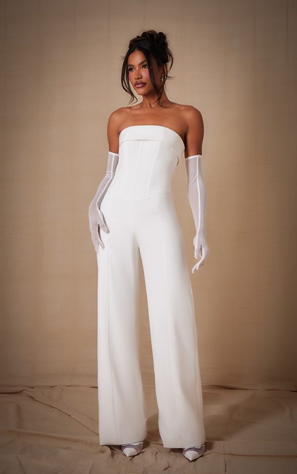 Premium White Woven Bandeau Wide Leg Jumpsuit