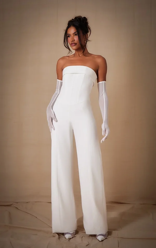 Premium White Woven Bandeau Wide Leg Jumpsuit