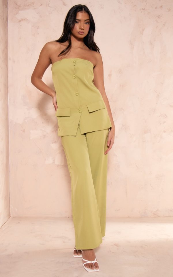 Olive Woven Bandeau Button Detail Tailored Wide Leg Jumpsuit