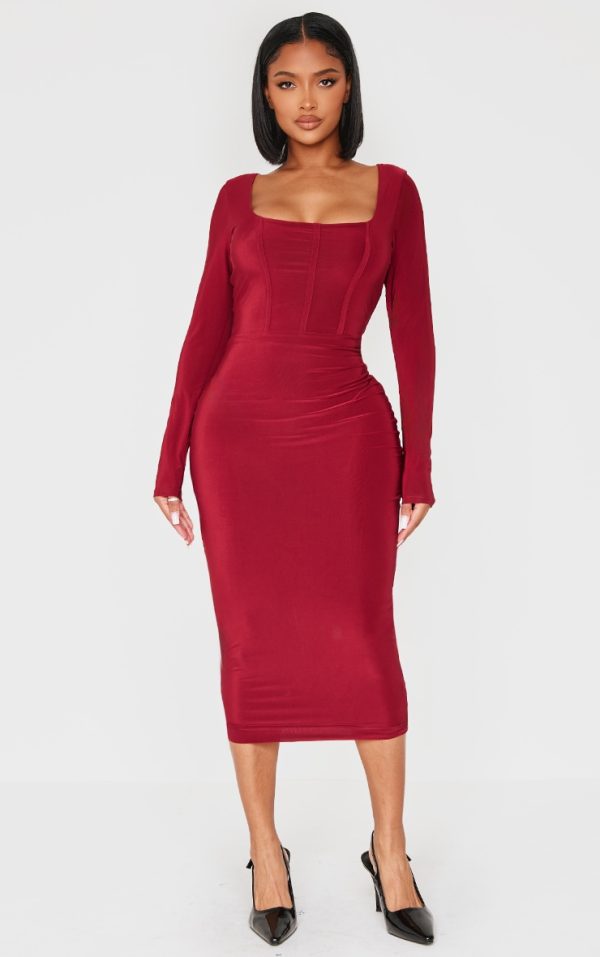 Shape Burgundy Slinky Panelled Long Sleeve Midi Dress