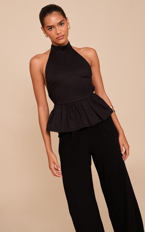 Black Cotton Highneck Backless Long Top