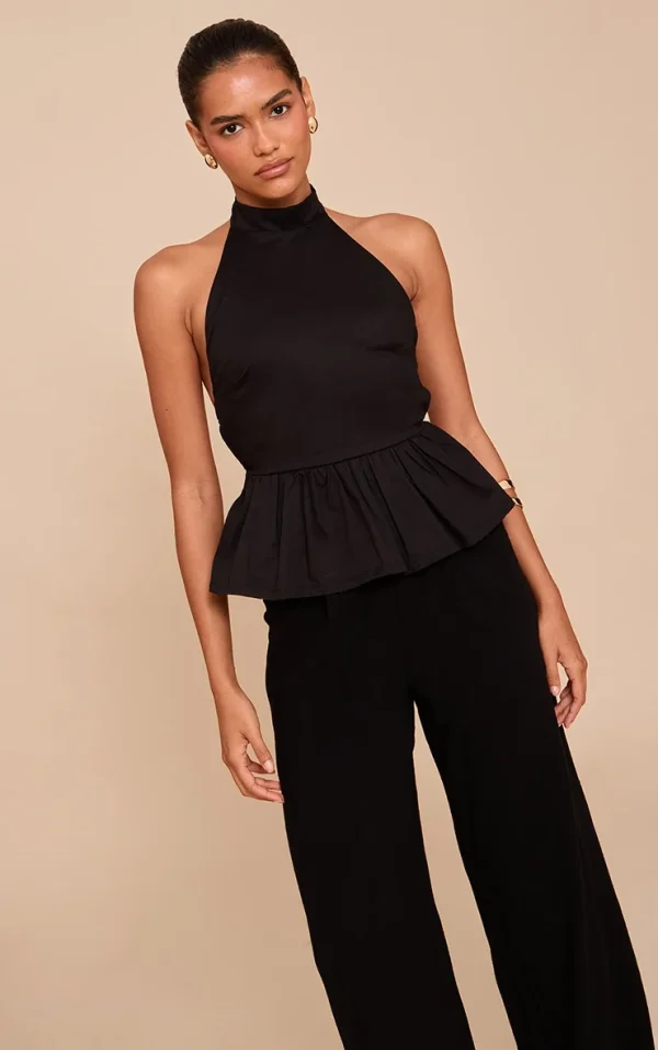Black Cotton Highneck Backless Long Top