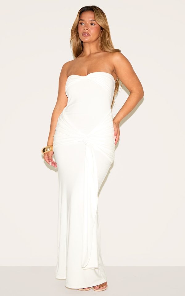 Shape White Bandeau Twist Front Ruched Drape Waist Detail Maxi Dress