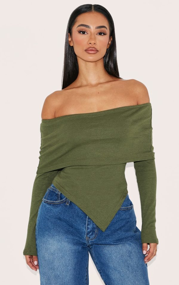 Petite Khaki Bardot Asymmetric Ribbed Hem Top